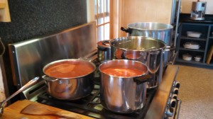 Two Canners and Three Pans of Tomatoes